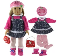 New 5 PCS Doll Dress+1 Pairs Shoes+1 Bag+1 Hat+1 Tights  for 18 Inch American Bitty Baby Doll X105