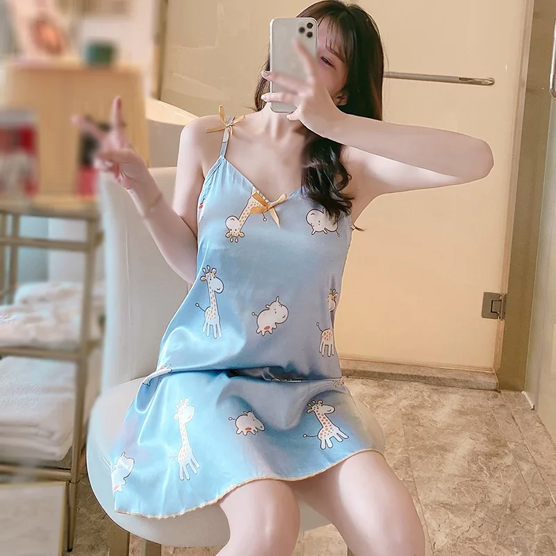 

Summer Korean Style Women Sleepwear Fashion Comfortable Cartoon Printing Nightwear Thin Bow Suspender Nightdress New