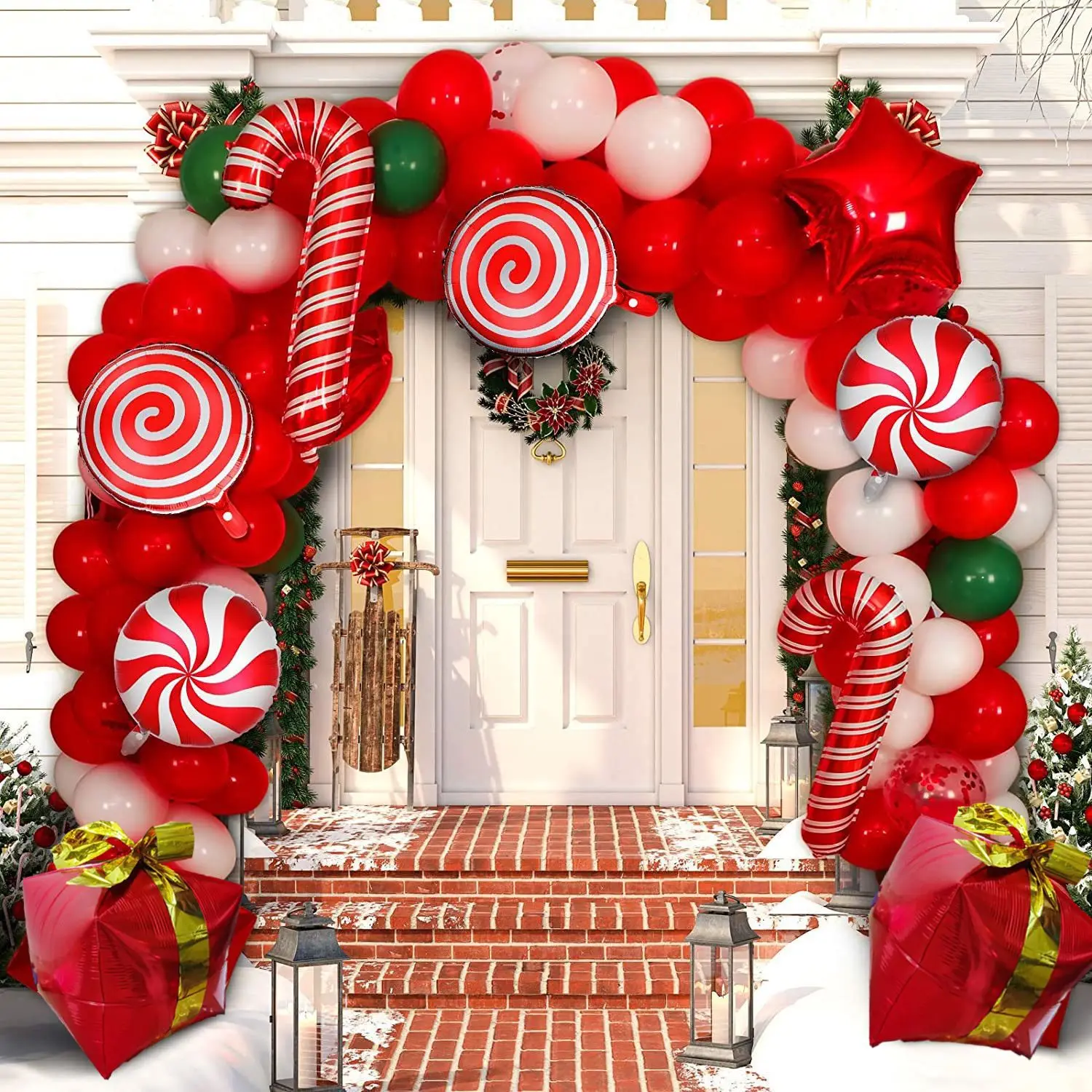 

Christmas Balloon Garland Arch kit Christmas Red White Candy Balloons Gift Box Balloons Red Star Balloons for Xmas Decorations