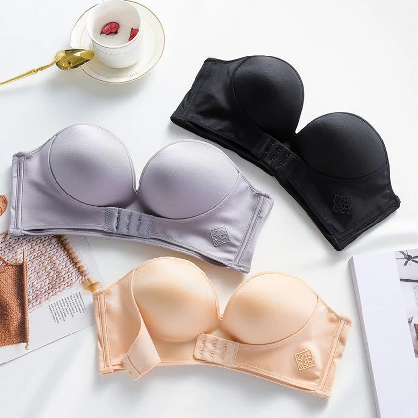 

1/2 Cup Push Up Bra Front and Behind Buckle Underwear Women Sexy Deep V Strapless Stealth Brassiere Wire Free Thicken Lingerie