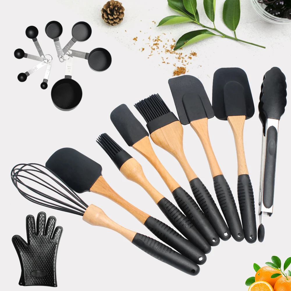 

Silicone Spatula Kitchenware Kit Cooking Turners Utensils Baking Tools Set Wooden Handle Cookware for Dessert Cake 8-17pcs