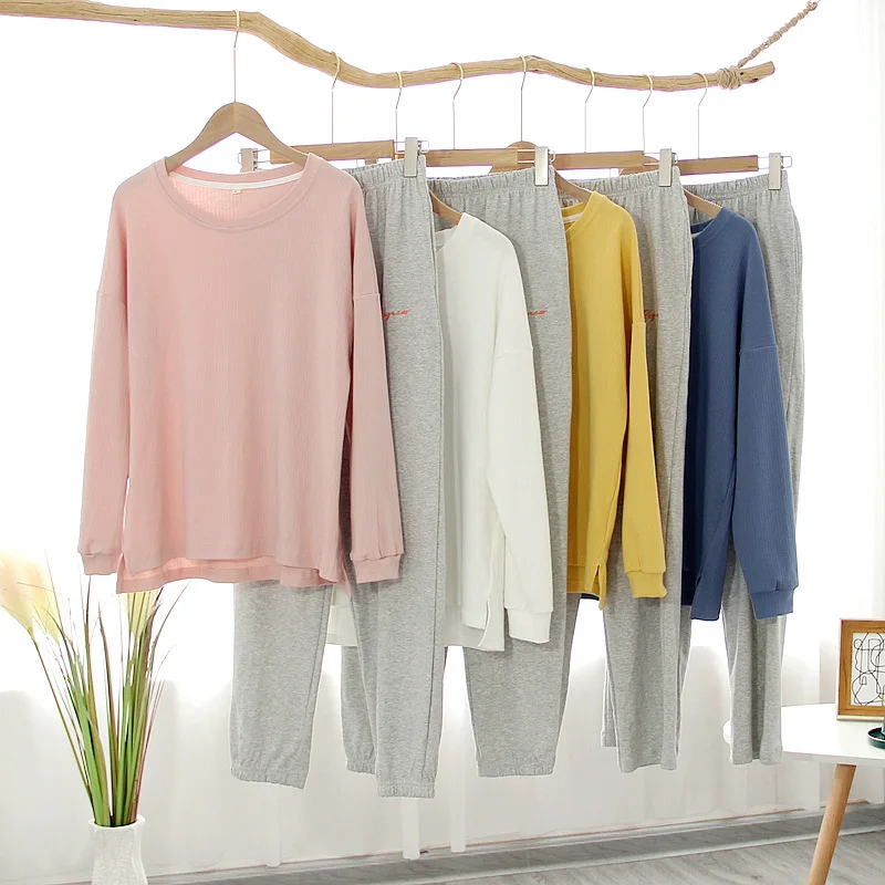 

Japanese spring and autumn new ladies cotton pajamas suit long sleeve round neck simple large size home service suit women