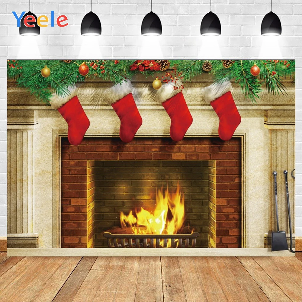 

Yeele Stockings Christmas Fireplace With Fire Photo Background Photophone Gifts Photography Backdrops for Decor Customized Size