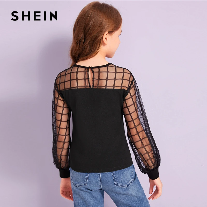 SHEIN Kiddie/черная Повседневная Блузка с контрастной сеткой на плечах детские топы года, Осенние Блузы с длинными рукавами и пуговицами сзади для подростков