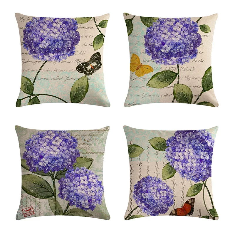 Красивая фиолетовая подушка из хлопка и льна с узором гортензии наволочка