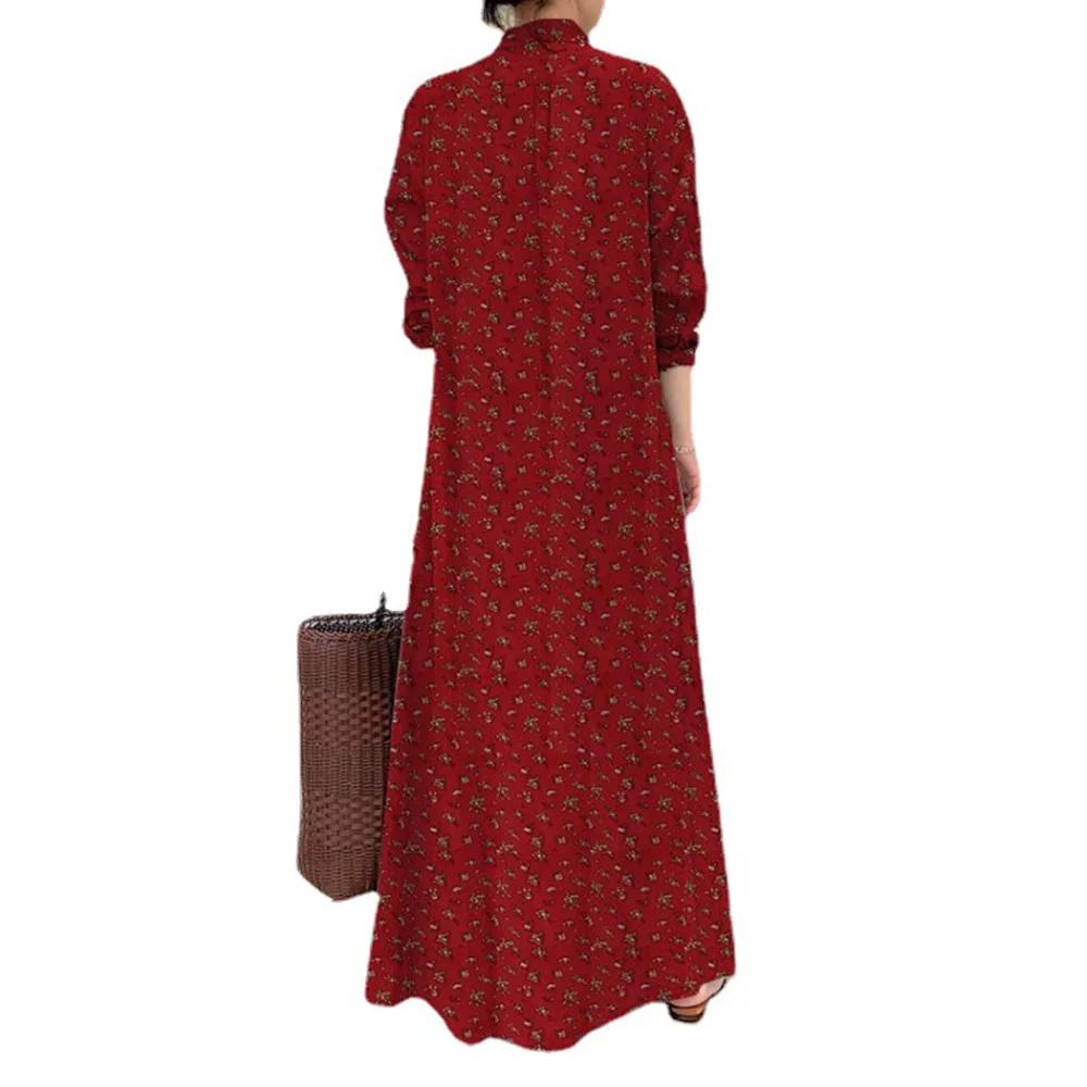 

Female Summer Boho Dress Floral Printed Lapel Collar Maxi Long Sleeve Ladies Fashion Elegant OL A-line Casual Dresses Robes