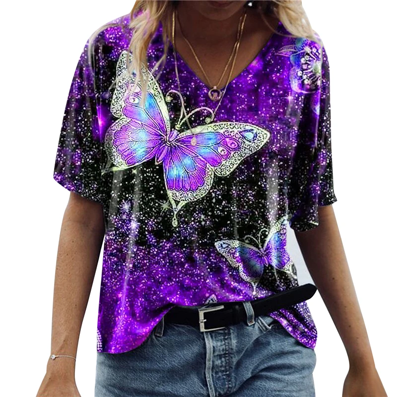 

Женская футболка с коротким рукавом, V-образным вырезом и принтом бабочки