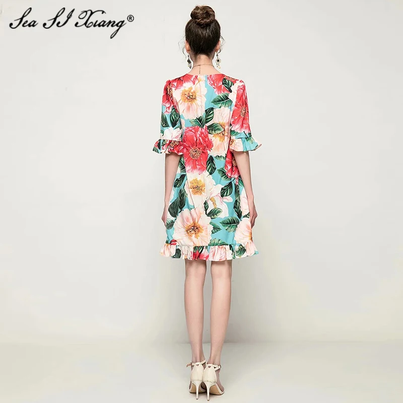 

Seasixing Fashion Designer Summer Dress Women's O-Neck Flare Sleeve Floral Print Straight Dresses 2021 New