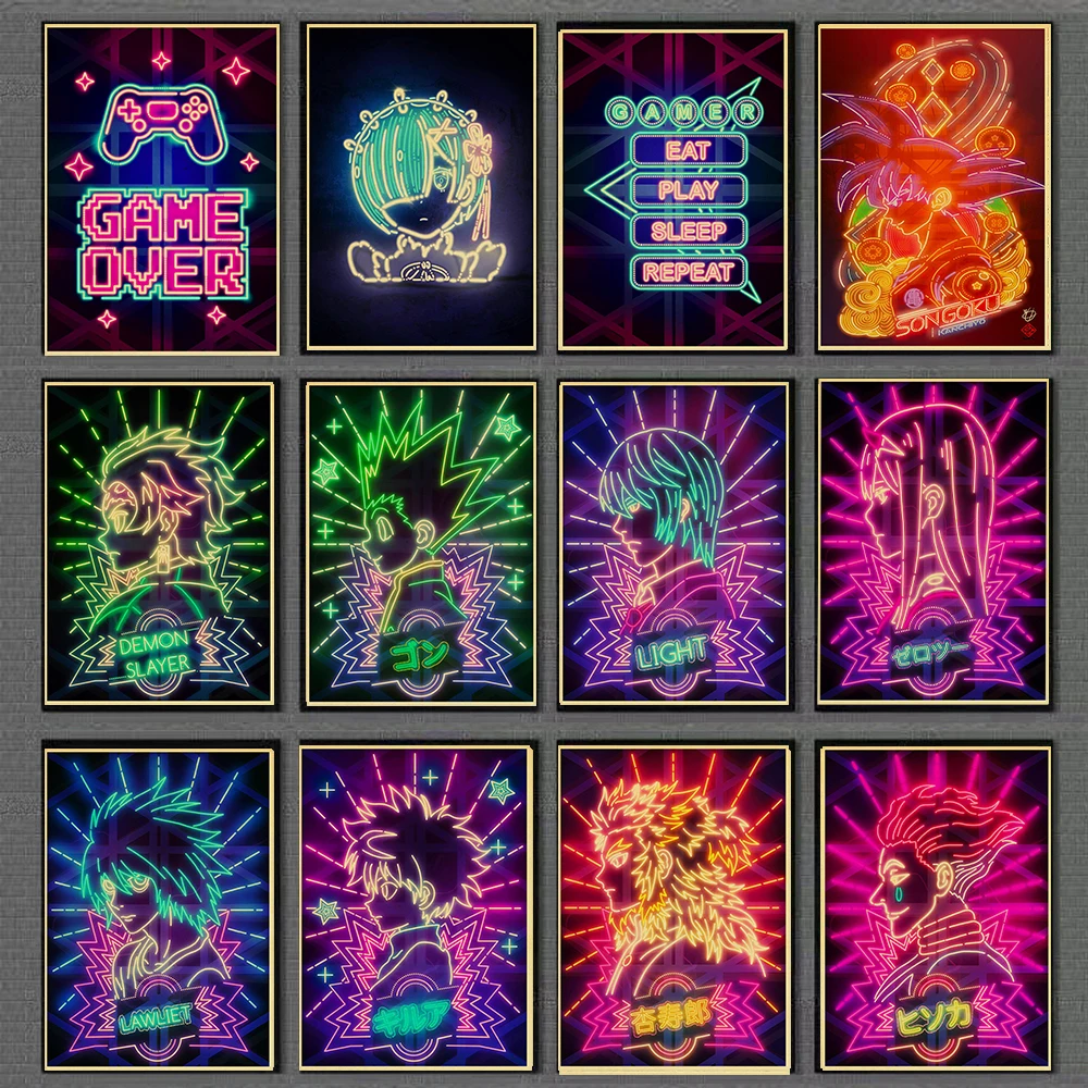 Винтажный неоновый аниме-постер с милой девушкой декор для комнаты