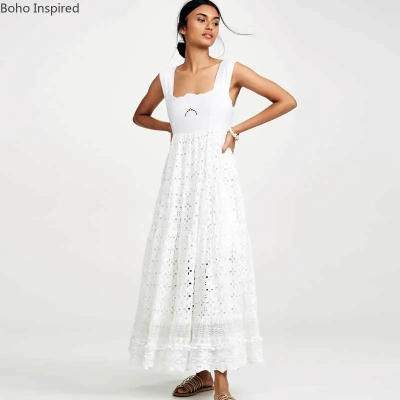 Богемный Вдохновленный Многоуровневое длинное платье Бохо с ушками и вышивкой