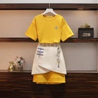 2021 летнее платье размера плюс для женщин из двух частей комплект Дамская мода, комплекты одежды: футболка желтого цвета с короткими рукавами + майка с вышивкой в этническом, костюмы с юбкой