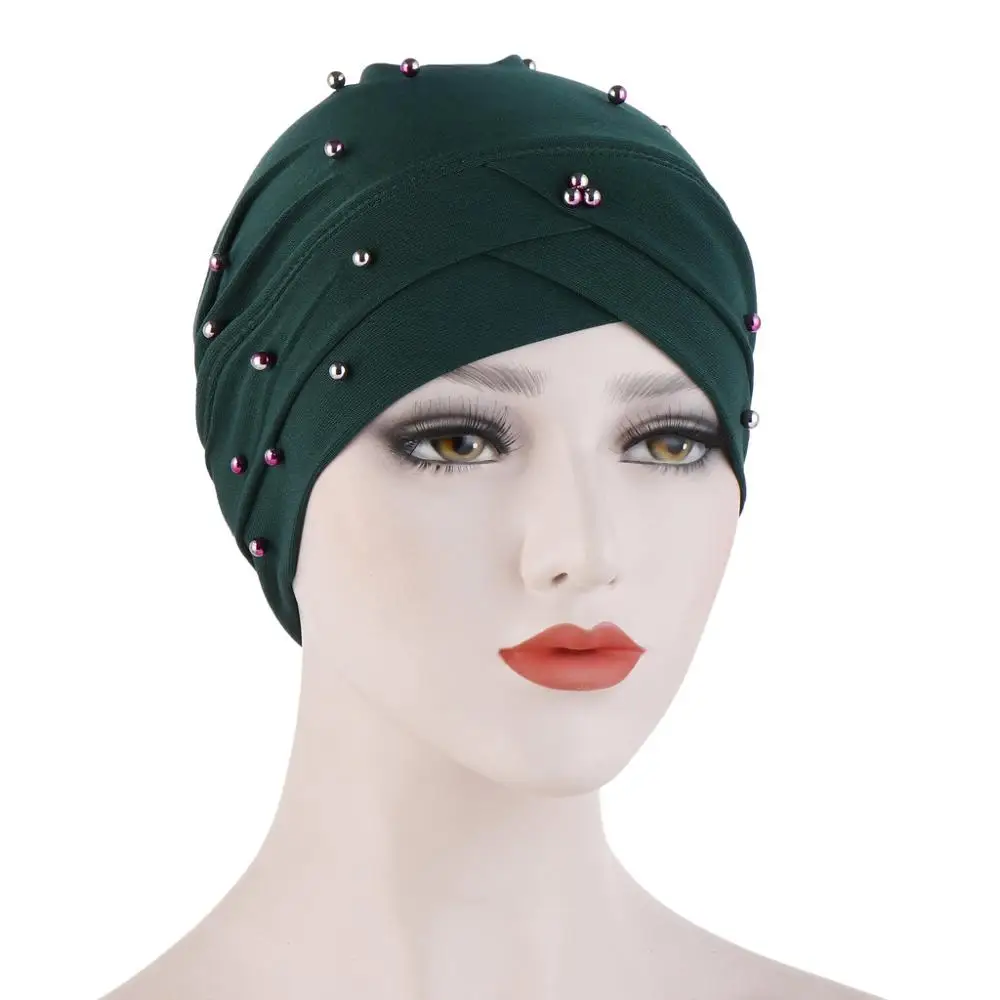 

10pcs new turbans for women pearls turban femme musulman women's head scarf turban cap winter indian hat turbante mujer