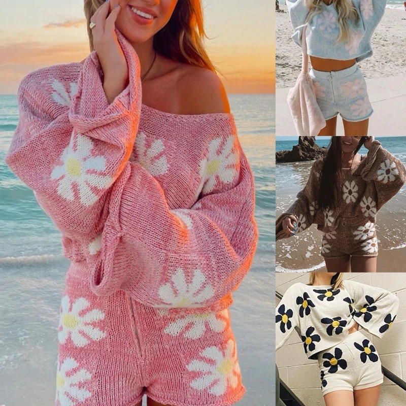 

Women Autumn 2 Piece Knit Floral Sweater Outfits Set Batwing Long Sleeve Crop Top Zip Up High Waist Shorts Loungewear