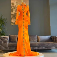 orange elegant satin mermaid prom dresses long sleeves high neck crystals plus size women evening party gowns custom made