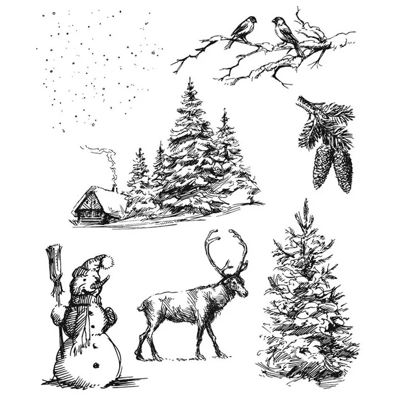 

7x7.9inch Winterscape Clear Stamp 2021 New Christmas Trees Deer Birds Snowman Transparent Silicone Stamp for DIY Scrapbooking