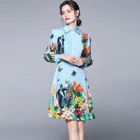 zuoman women autumn elegant dress shirt high quality blue office party robe femme vintage print designer short a line vestidos