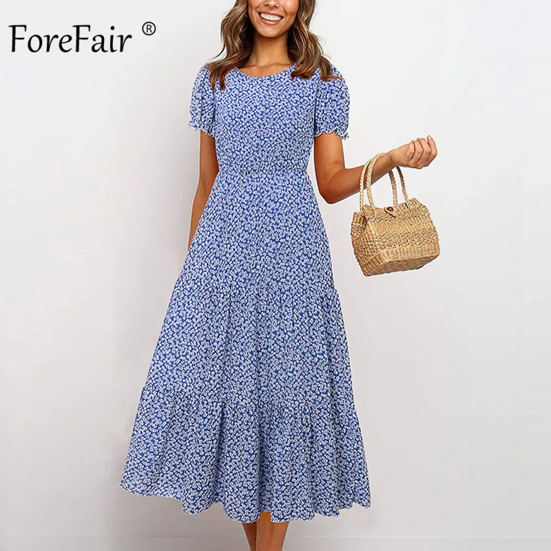 Женское платье с цветочным принтом Forefair повседневная Летняя туника миди пышными