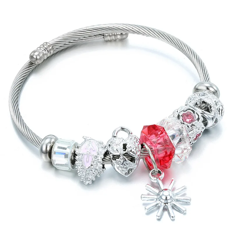 Красный Кристалл Пандора браслеты и серебряный Подсолнух шарм с камнями для