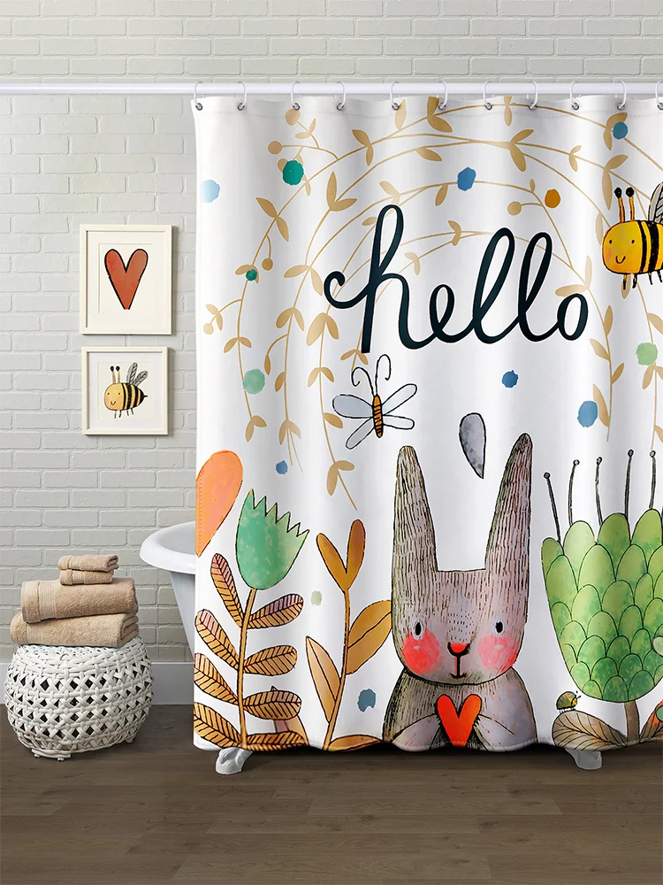 

Thickened Polyester Shower Curtain Rabbit Pattern Waterproof and Mildew-proof Punch-free Bathroom Partition Curtain