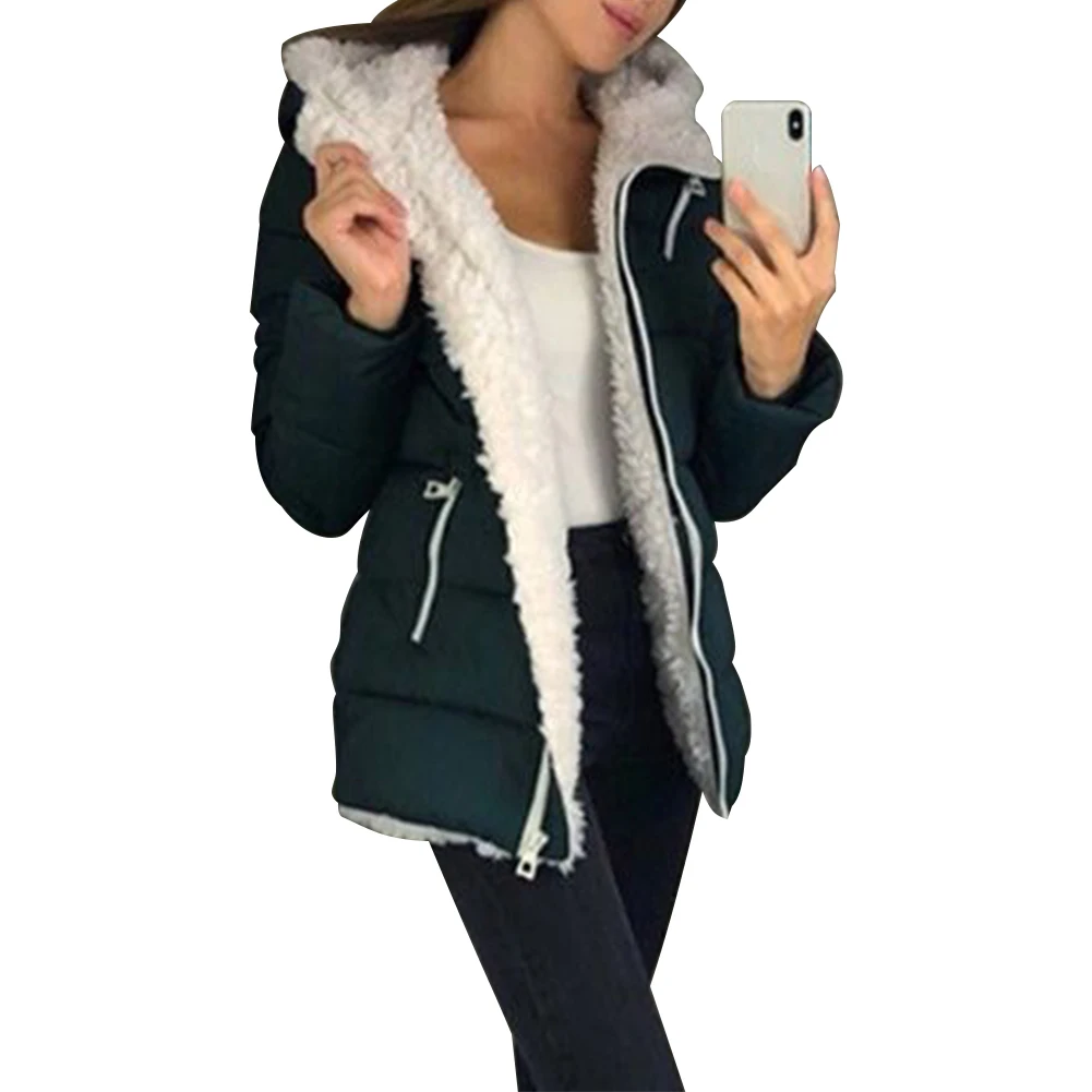 

Windproof Fashion Women Winter Coat With Hood Plus Velvet Thick Warm Long Sleeve Solid Casual Plain Zip Ultra Light Loose