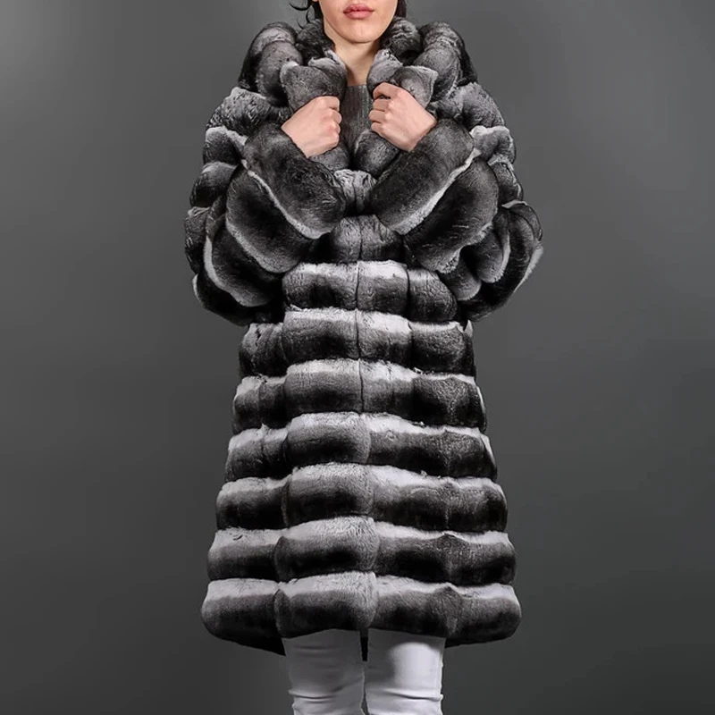 Winter Fashion Long Fur Coat With Hood Warm Overcoats Whole Skin Genuine Rex Rabbit Fur Jacket Chinchilla Color Fur Coats Woman
