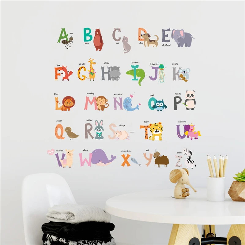 

Animales De Dibujos animados de 26 ABC alfabeto pegatinas de pared de palabras dormitorio vivero decor de pvc adhesivos para par