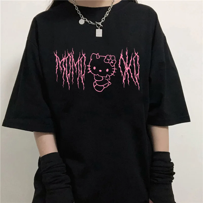 

Kawaii Pink Cartoon Cat Graphic Printing T-shirts Hip Hop Punk Street Short Sleeved Tees Harajuku Summer Cotton Streewear Tops