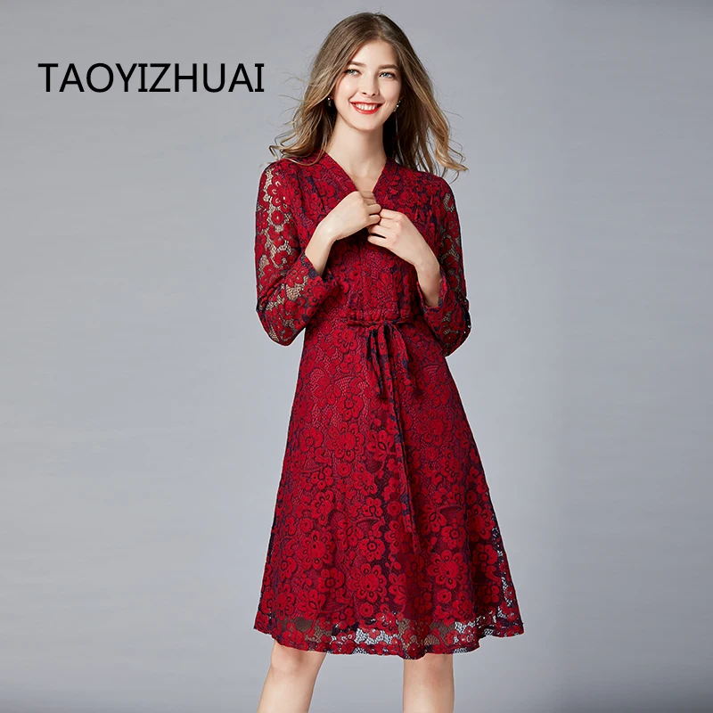 TAOYIZHUAI осеннее повседневное Стильное женское кружевное платье трапециевидной