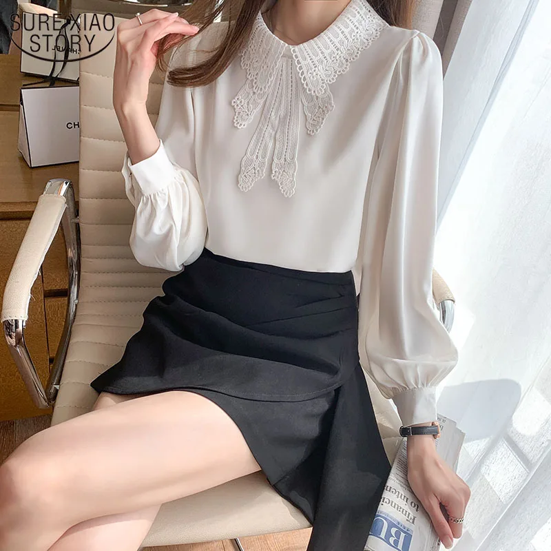 

Spring and Autumn 2022 New Elegant Women's Shirt Lace Collar Long Sleeve Chiffon Blouse Office Lady Style Blusas Mujer 13110