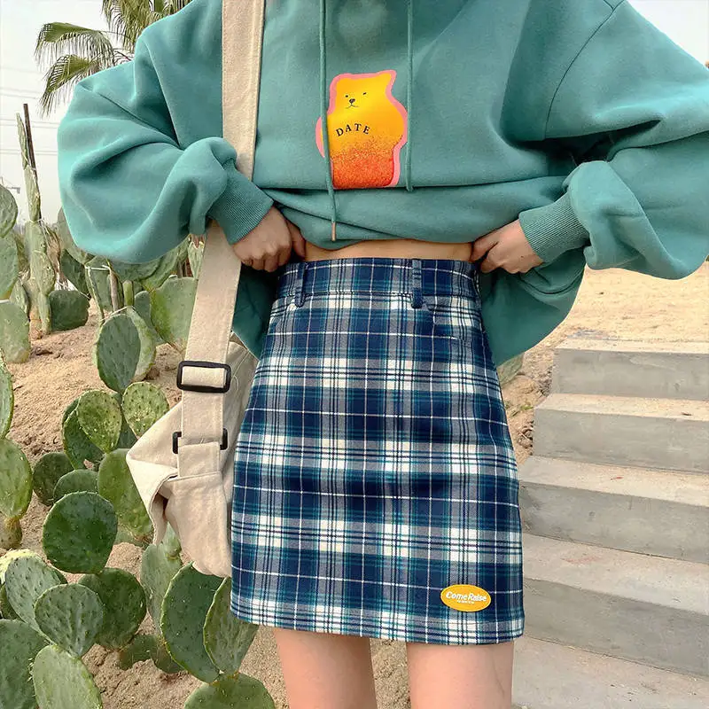 Клетчатая мини юбка женская красная синяя трапециевидная летняя школьная с