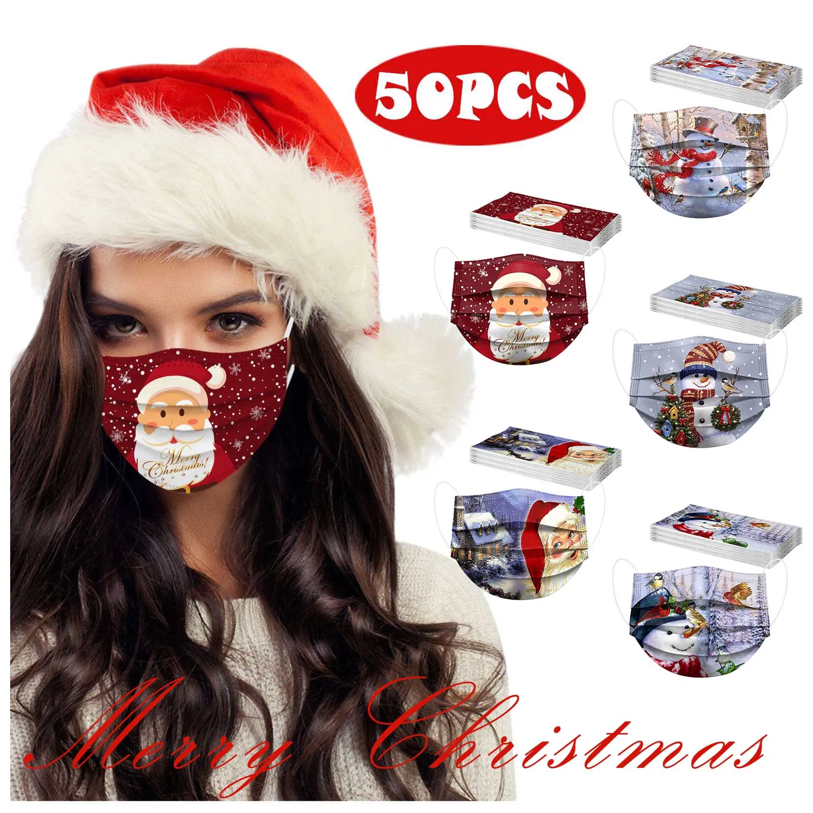 

In Stock! 50 Pcs Disposable Adults Christmas Masks Multi Santa Claus Elk Prints 3 Ply Face Mask Mascarillas Halloween Cosplay