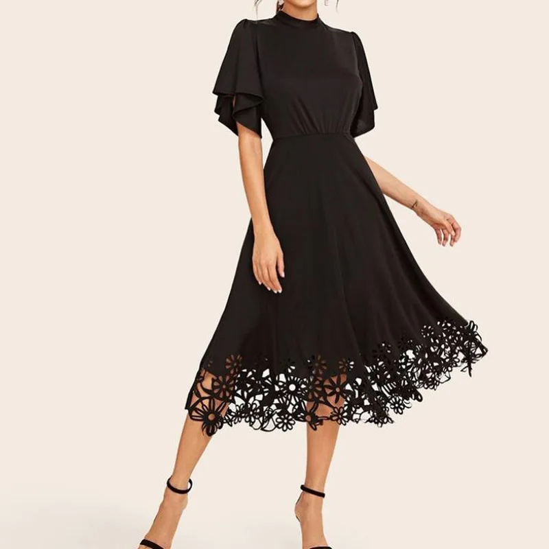 

Summer Skirt Solid Color Women's New Round Neck Lotus Leaf Sleeve Dress Elegant Temperament Slim Black Lace Party Knee Skirt