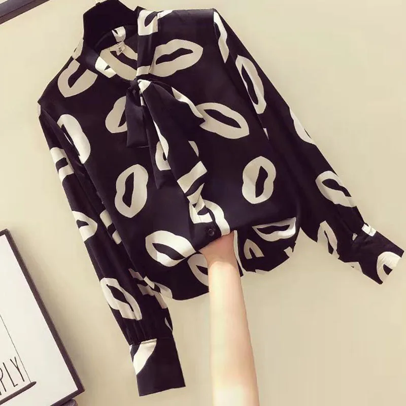 

Women Korean Lips Print Chiffon Blouse Shirts Ladies OL Office Wear Bow Basic Blouses Blusas Tops Mujer New 2021 Female Blusa