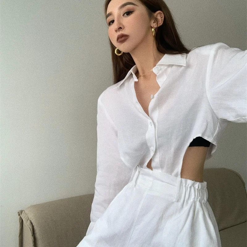 

Y2k Elegant Casual Two Piece Set Women Long Sleeve Shirts Wide-legged Mini Pants White Beach Korean Gothic Clothes Summer 2021