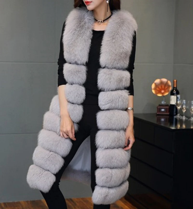 Женский Длинный жилет из искусственного меха безрукавка лисьего модный на осень
