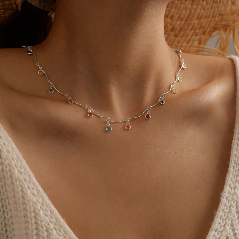 

HuaTang Bohemian Colorful Crystal Stone Choker Necklace for Women Girls Charming Water Drop Clavicle Chain Fashion Jewelry 14729