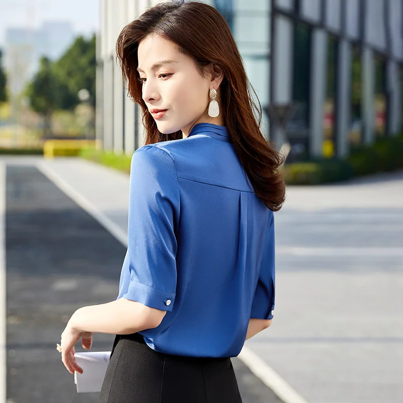 

Silk Shirt Women's Design Sense Niche Summer New Half Sleeve Chiffon Top Drape White Shirt