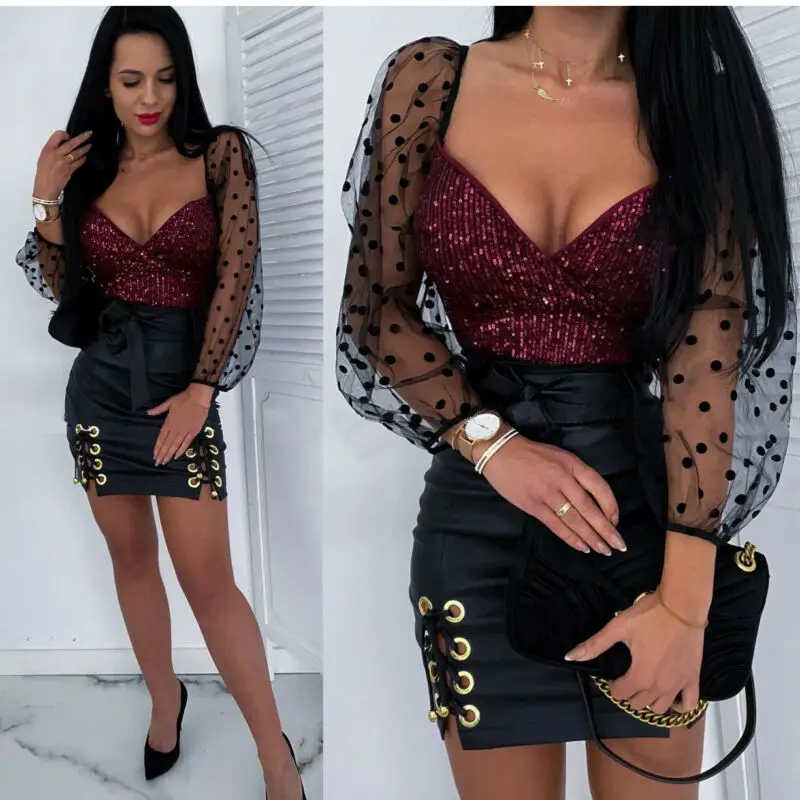 Сексуальная женская блуза с блестками в горошек прозрачная пышными рукавами