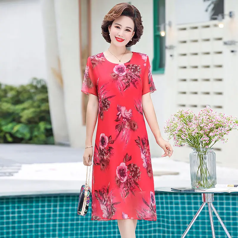 

2021 Women Spring Summer Loose Mid Aged Midi Dress Female Causal Floral Plus Size Short Sleeve Dresses Lady Vintage Vestitos J03