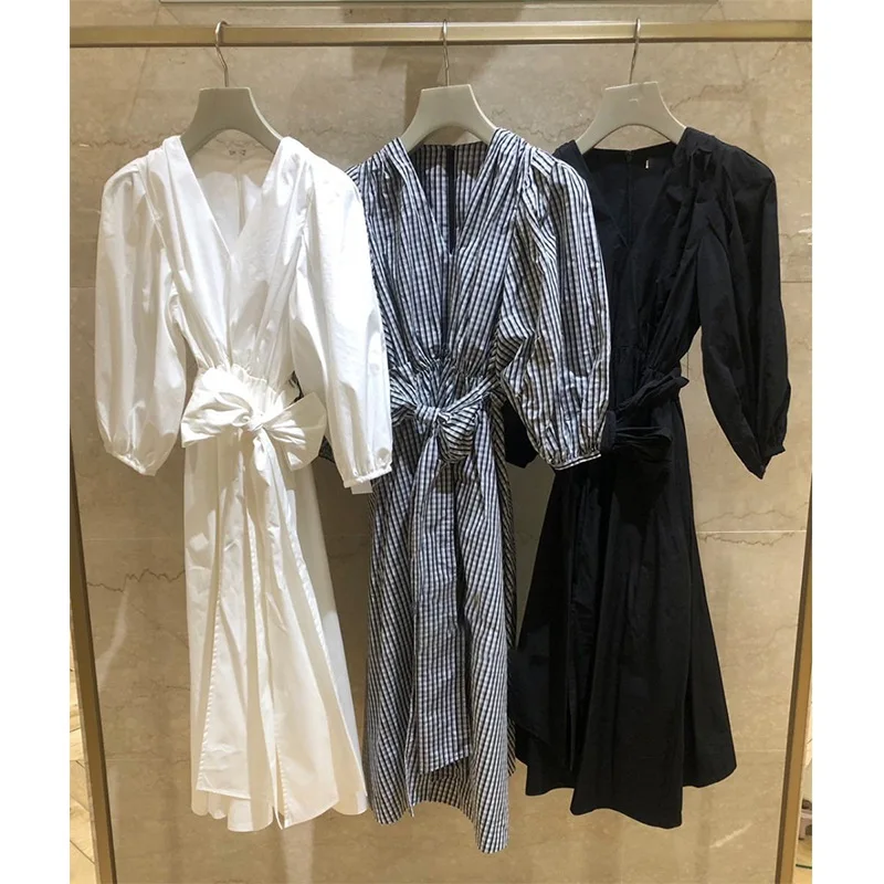 

Japan Style Sweet Fresh V-neck Puff Sleeve Dresses Women Fashion Elegant Bow Sashes Dress 2021 Spring New Office Lady Vestidos