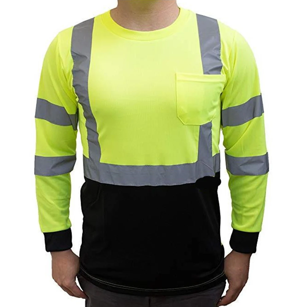

Men's Sports Reflective Safety Stripe Round Collar T-Shirt Outdoor Long Sleeve Tops High Visibility Road Work Tee Tops Workwear