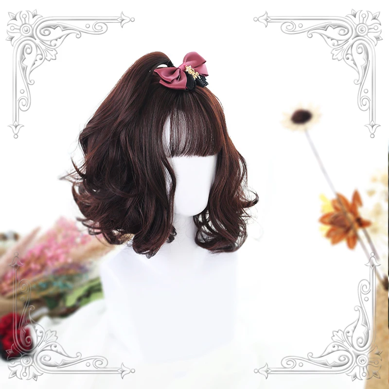 

High Quality Lolita Deep Maroon Air Bangs Female Loveliness Short Curly Hair Wig Cosplay Party