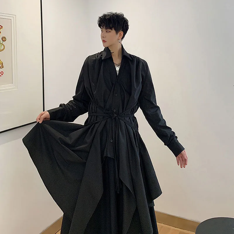 

Men Irregular Tether Waist Long Sleeve Casual Shirt Male Women Streetwear Punk Gothic Dress Shirts Stage Clothing
