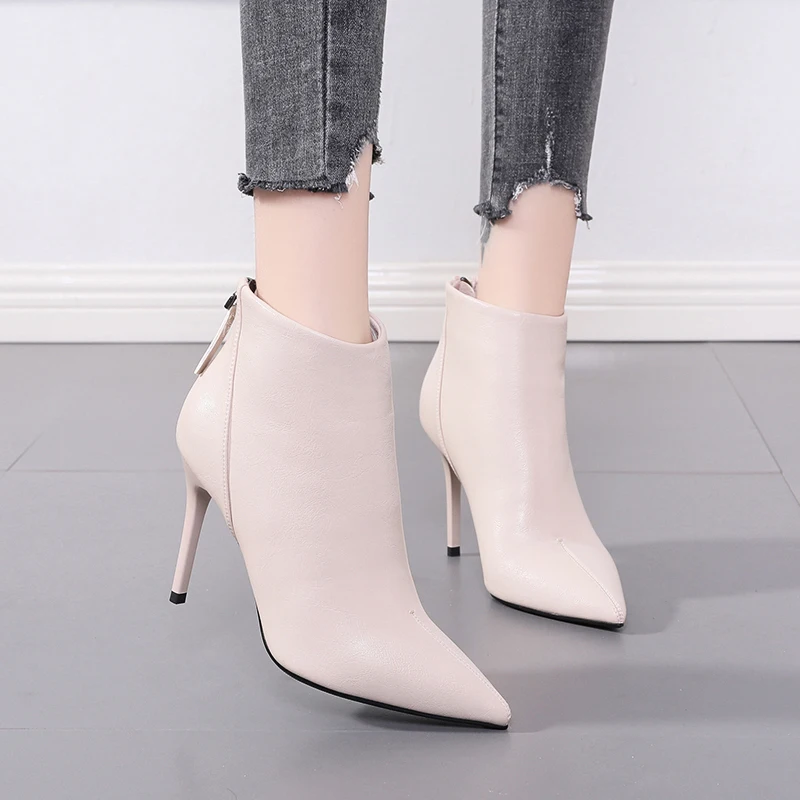 

Genuine Leather Women Ankle Boots Fashion Pointed Toe Solid Color High Heels Back Zipper Stiletto Shoes For Women Model 2021