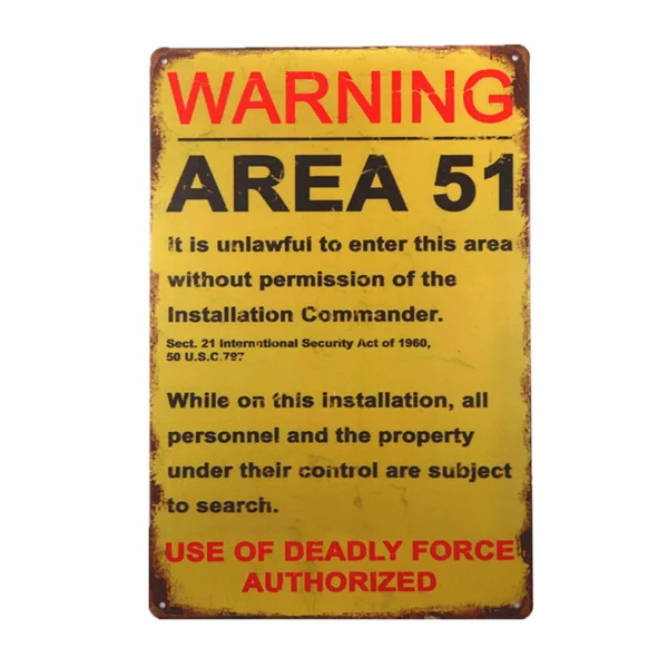 

Shabby chic Tin signs metal plaque Warning AREA 51Rustic Wall Plaque Garage Bar Wall Decor