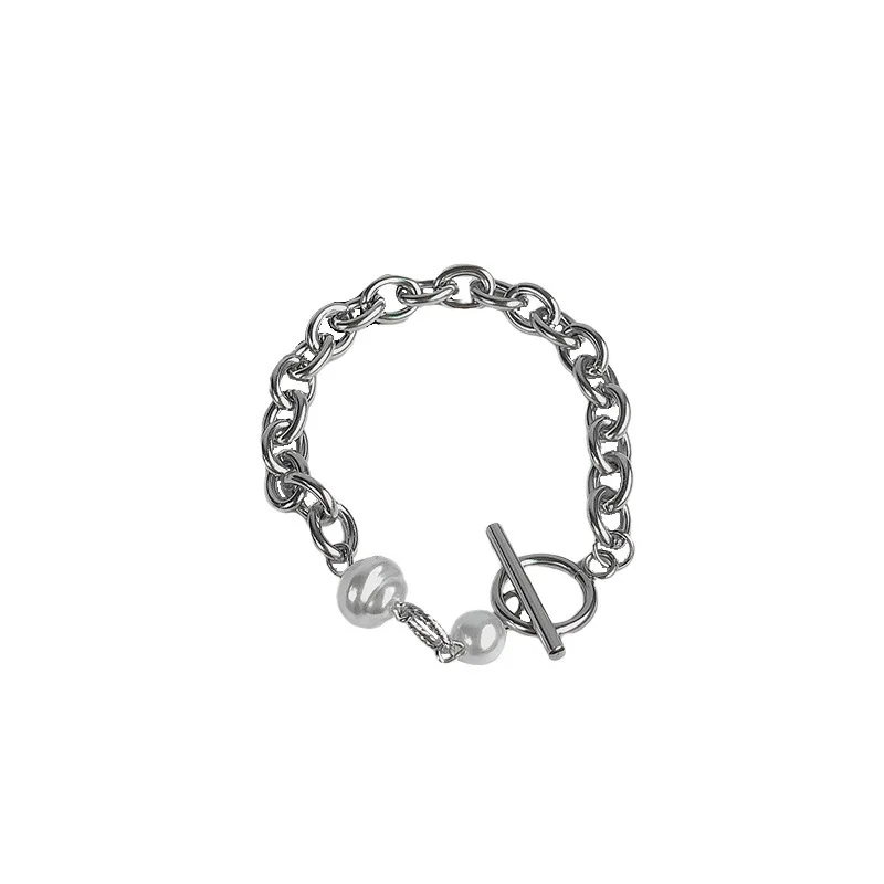 

POTCET Korean Fashion Women's Stainless Steel Pearl Bracelet Geometric Hip Hop Niche Personality Jewelry Free Shipping