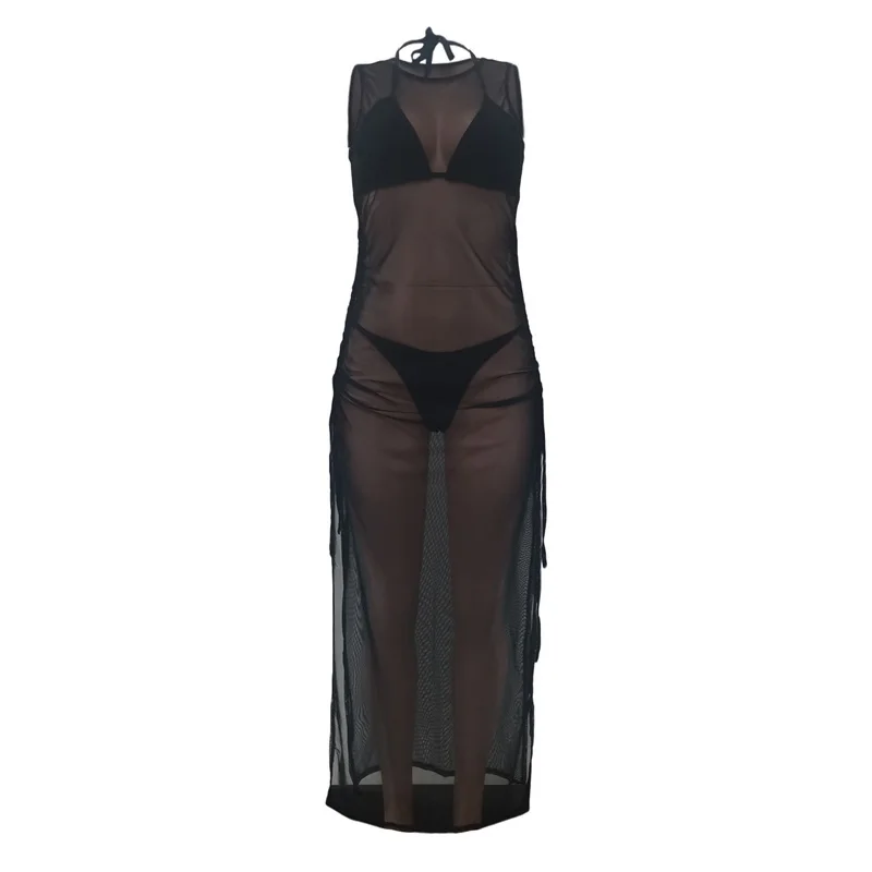 

3 Piece Mesh Sleeveless Beach Dress Women O Neck Long Midi Bodycon Ladies Dress Side Lace Up Fashion Split Sexy Dresses