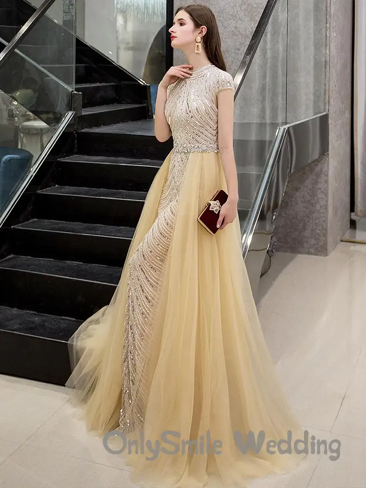 Dubai O-Neck Sleeveless Beading Evening Dresses 2019 Latest Design Nude Sexy Mermaid Formal Women Wear Evening Gowns