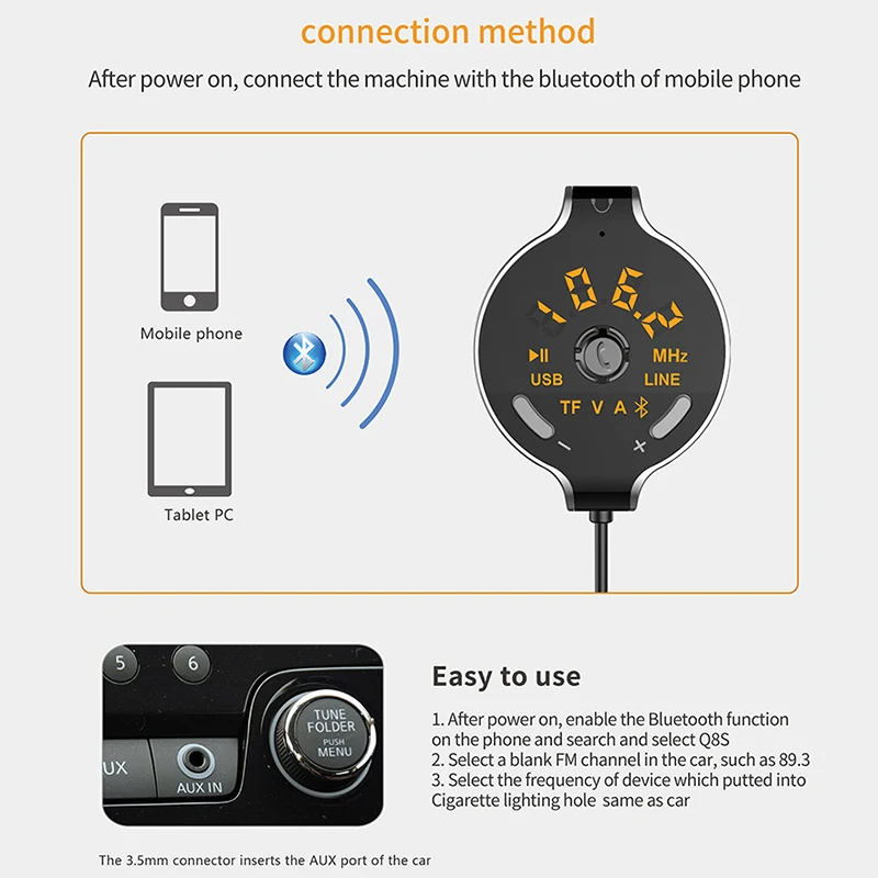 

Car Wireless Bluetooth FM Transmitter Car Hands-free Calling MP3 Player Support Dual USB Charge and Battery Voltage Display