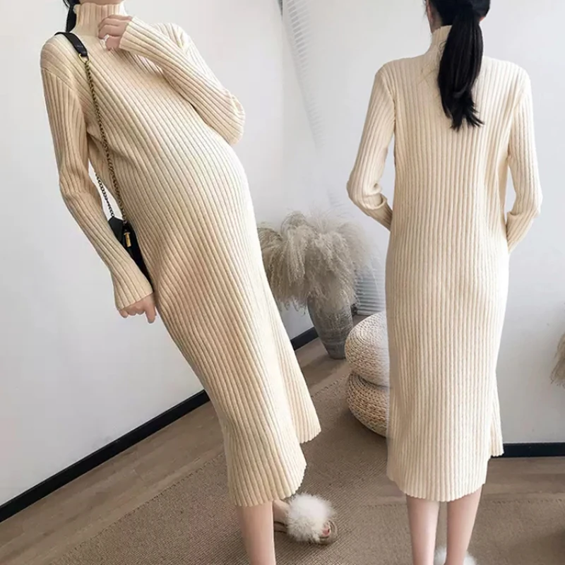 

339 # осенне-зимнее плотное теплое вязаное длинное платье для беременных шикарные свитеры с высоким воротником Одежда для беременных женщин